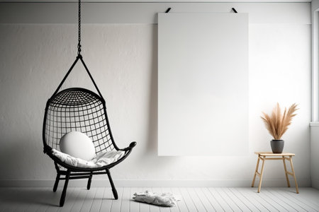 Big Interior of room with letter, blank canvas, and hanging chair. a mockupの素材