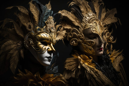 Golden masks from a Venetian carnival decorated with white feathers stand out against a mysterious dark backdrop. Generative AIの素材