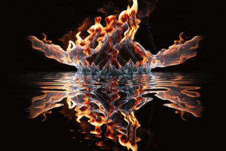 A crisscross of flames floats above the water. Generative AIの素材
