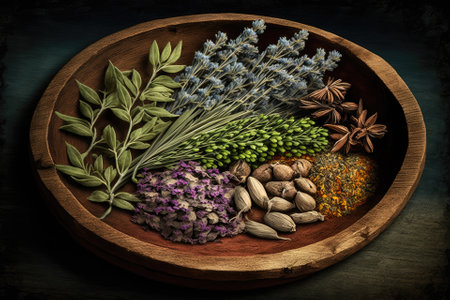 Herbs typical of Provence displayed in a wooden dish against a similarly stained background. Generative AIの素材