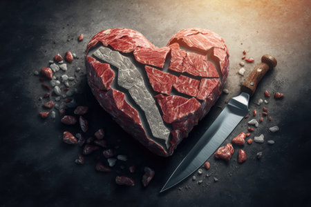 Chopped up beef in the shape of a heart, sitting on a knife, against a stone slab. Generative AIの素材