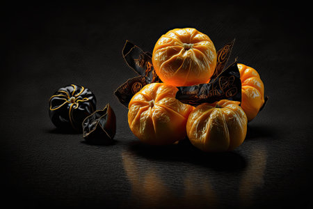 Candies with a spooky orange color against a black background. Generative AIの素材
