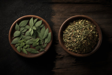 On a wooden background, we find both fresh and dried oregano. Generative AIの素材