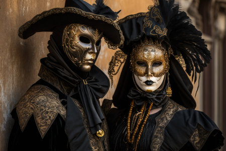 Couple wears black and gold masks at the Venice Carnival, February 6, 2018. Venice, Italy. Generative AIの素材