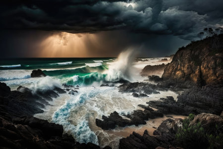 Breaking waves from the Pacific Ocean over a rocky headland shoreline in Coolum, Sunshine Coast, Queensland, as the sun breaks through the clouds of an ominous storm. Generative AIの素材
