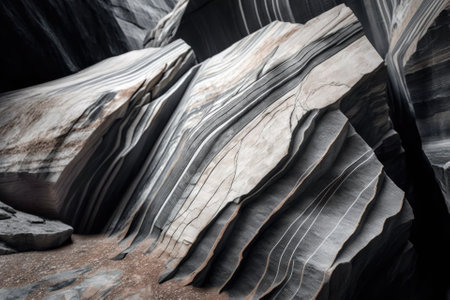 Gray and white streaks in the sandstone. Rockier than a smooth surface, typical of the mountains. Close up. Black stone texture with blank areas for your own artwork. Crumbled. Weathered. Generative AIの素材