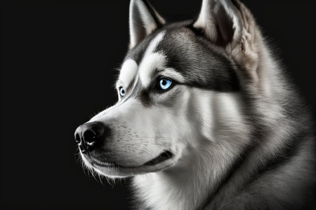 Serious faced husky dog photograph taken in a studio. A stunning black and white Siberian husky with icy blue eyes. Generative AIの素材
