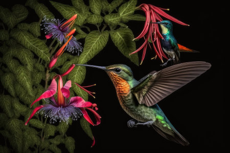 To hover like a hummer. Birds with green violet ears that glow as a flock. Red flower and flying Colibri thalassinus, Tapanti National Park, Costa Rica. The jungle is full of exotic animals. Generative AIの素材
