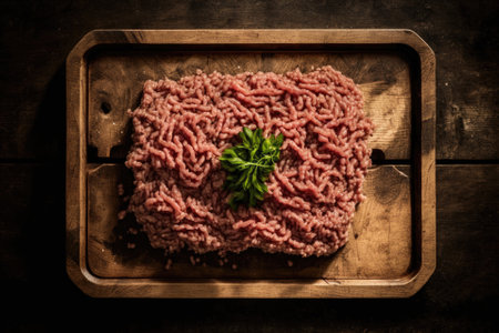 minced uncooked beef on a wooden background, viewed from above. Generative AIの素材