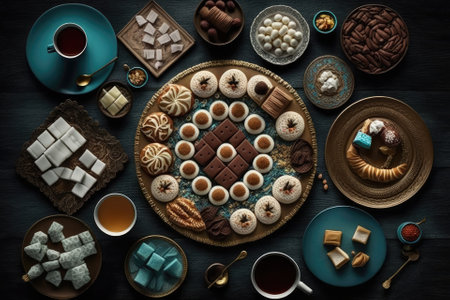 Sugary Turkish ramadan spread out over a white coffee table. Generative AIの素材