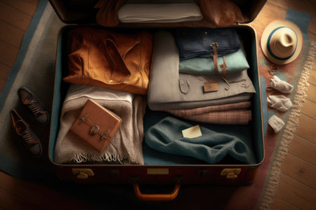 Suitcase with clothes and travel necessities laid open on carpet. Generative AIの素材