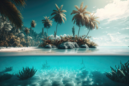Palm trees that seem to float above the water in a tropical paradise. Sunny with blue skies and a sea of the same color. The beach and water along the shore are bathed in sunlight. Generative AIの素材