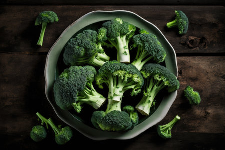 Top view of a bunch of fresh green broccoli in a white dish on a dark hardwood table. Generative AIの素材