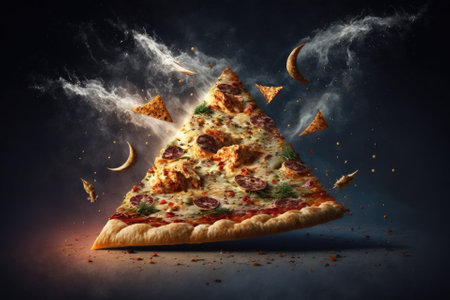 Crumbs of pizza fluttering in the air, seasoned with herbs, sauce, and spices, against a smoke filled, nighttime background. Generative AIの素材