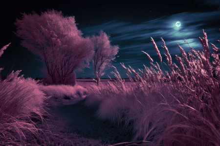 Nighttime Grass Scenery with Infrared Vision. Generative AIの素材