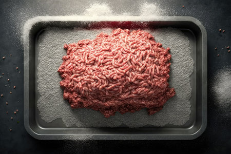 Mince. Light grey ground meat with cooking seasonings. Perspective from on high. Generative AIの素材