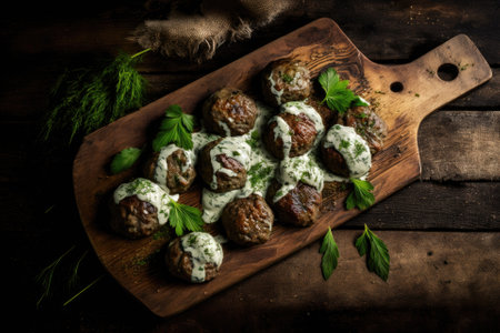 Meatballs marinated with dill and yogurt, grilled and served on a rustic wooden board. Generative AIの素材