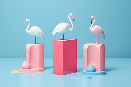 Three white podiums are displayed on a pink background to showcase a pink flamingo pool float. A simplistic idea of summertime travelの素材