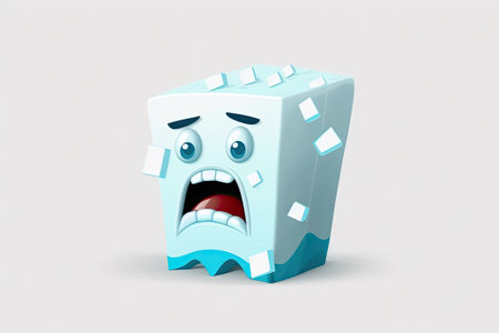 An emotionally distraught tooth decay sufferer socked in the face with a block of ice representing the dental notion of tooth sensitivity brought on by consuming cold water isolated on a white backgの素材
