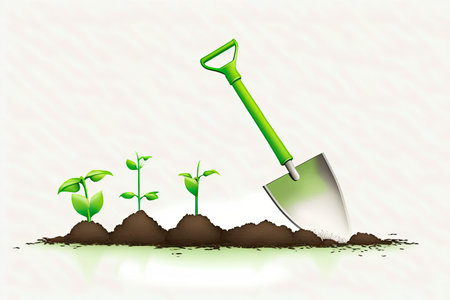 Collecting seedlings and putting them in the ground. Equipment for planting a garden in the spring a shovel a pick and some seedlingsの素材