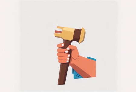human hands with hammer and spanner wrench in cartoon form. professional carpenter or woodworker using construction equipment. Icon for construction. Clipart of a remodeling company isolated on a whの素材