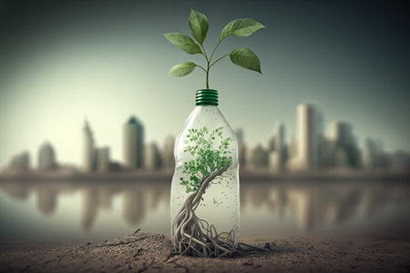 A single green plant between the discarded plastic bottles and the smoggy urban landscape. Impact to Mother Earth from Carbon Dioxide Climate Change and Plastic Wasteの素材