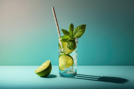 A highball containing a Mojito cocktail made with lime and mint and a metal tube against a blue background with strong lighting shadows and a vertical orientationの素材
