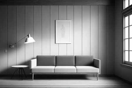 A modern minimalist living room with a sofa coffee table wood panel floor lamp and a wall devoid of any decoration. Photoshopped prototype of an illustrationの素材