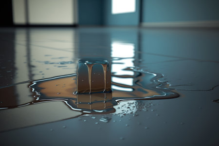 A close up of a water leak on a building floor. a wet floor caused by rain splashes or a pipeline leak in the office. Home accident risk concept with a liquid slick floorの素材