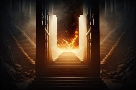 Amazing stairway and portal like columns leading down into hell all of which are engulfed in flames and smokeの素材