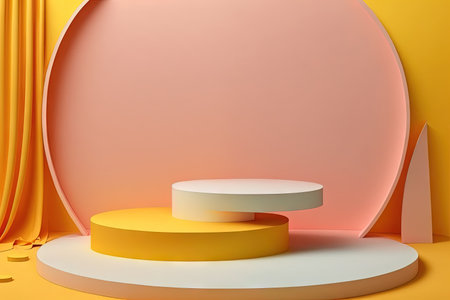A colorful summer basic product stand or an empty pedestal in a studio backdrop with a fashion show cosmetic template exhibition art showcase is displayed on a yellow podium background stage platformの素材