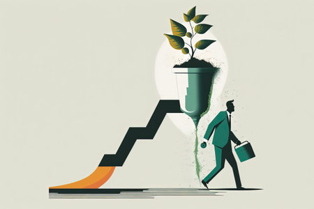 An illustration of a businessman watering a seedling plant that would eventually become a successful firm is shown to illustrate the concept of a growth step career route job improvement stair risiの素材