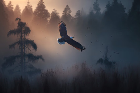 An eagle in flight. Flying in the misty early air over a Polish woodland in search of breakfast a pair of white tailed eagles (Haliaeetus albicilla)の素材