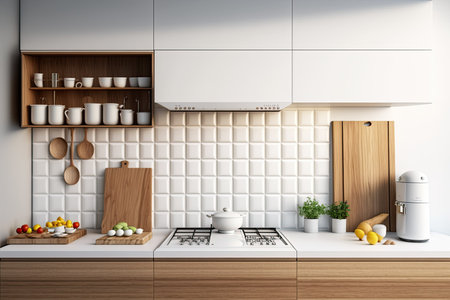 Blank white space up close on a gorgeous wooden kitchen counter adorned with modern appliances a dozen fresh eggs and square white ceramic wall tiles. Sunlight in the morning Baking Tools Historyの素材