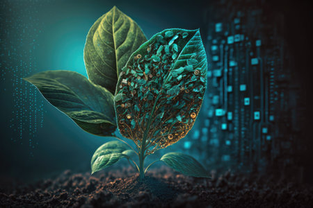 AgTech (Agricultural Technology) BioInformatics and Agricultural Science Converge in This Digital Seedling Grows Against a Leafy Technological Backgroundの素材