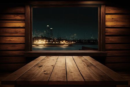 An empty wooden table with a selectively focused night market in the background. For use in a product montagesの素材