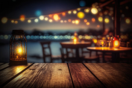 Bokeh night scene panorama at a bar with a lonely wooden table serving as a metaphor for a somber ideaの素材