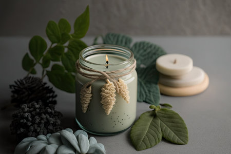 Beautiful composition on a concrete podium with a fragrant candle in a jar. Soy wax candle mockup in a rustic design. handcrafted candle with green leaves that is scented. handmade soy wax spa item in glassの素材