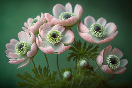 A macro photograph of a cluster of anemones in pink on a green backdrop taken in the early morning of spring. Thematically appropriate spring image blank canvas and classy layoutの素材