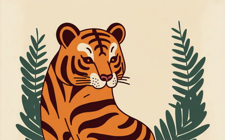 Cute tiger against a background with an oriental holiday vibe. A happy 2022 Chinese New Year to you. Tiger year occurs in. Happy New Year (title) and Good Fortune (stamp) are translationsの素材