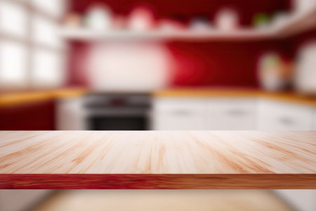 Background of kitchen counter (or room) is blurred revealing a wooden table top. Useful for creating montage displays of products or arranging crucial visual elements in designの素材