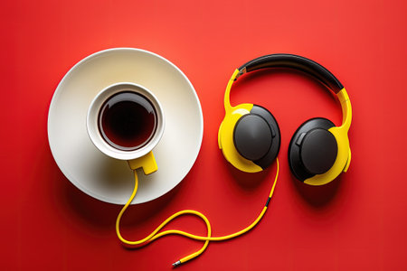 A pair of white headphones and a black coffee cup on a sunny yellow background. Top down flat lay minimalism. Ideas about schoolingの素材