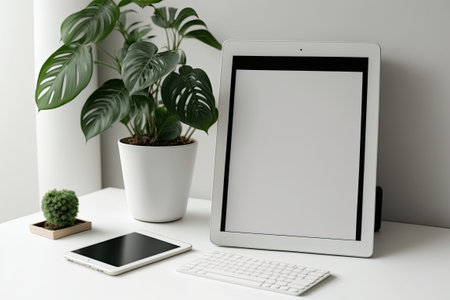 Cropped shot of minimalist workspace with blank screen tablet decorations stationery and copy space on white table with white wallの素材