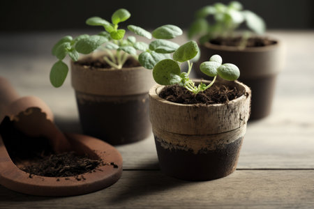 Close up of biodegradable potted vegetable and herb seedlings on a wooden table. Home germination urban gardening and indoor gardeningの素材