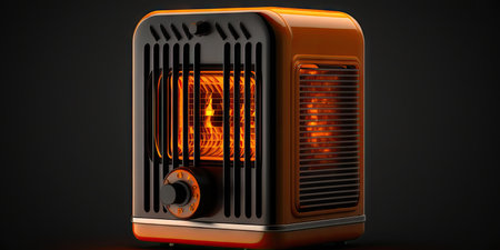 An isolated gas heater on a freezing cold winter night burning at full capacity glowing orange and radiating heatの素材