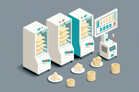 Assembly line for potato chip manufacturing. Snack and potato chip vending devices that dispense the contents automaticallyの素材