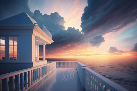 Fantastic sunrise. The dawn begins at sea. Perspective from the rooftop deck of a state of the art mansion. The perfect backdrop for passionate momentsの素材