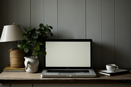 Cropped image of a trendy workstation with a laptop with a blank screen and office equipment on a wooden table against a tall gray wallの素材