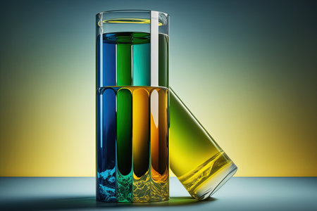Closeup of a test tube chemistry flask containing yellow liquid purified oil from recycling and lubricating materials for sale set against a background of a hydroblock acpの素材