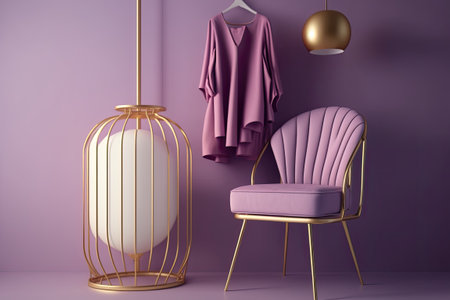 a lamp an armchair and a rack of hanging clothes in a purple room. original composition copy space on a light background. for a website presentation studio or clothing storeの素材